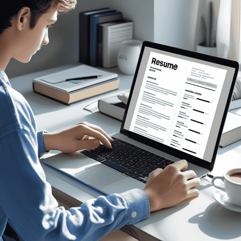 Student creating a resume on laptop with no work experience, in a bright modern workspace